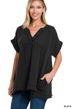Double Gauze Raw Edge V-Neck
