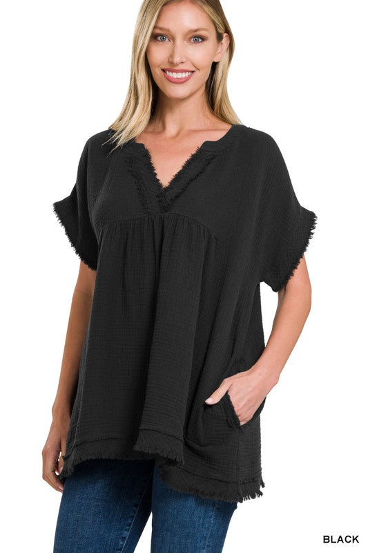 Double Gauze Raw Edge V-Neck