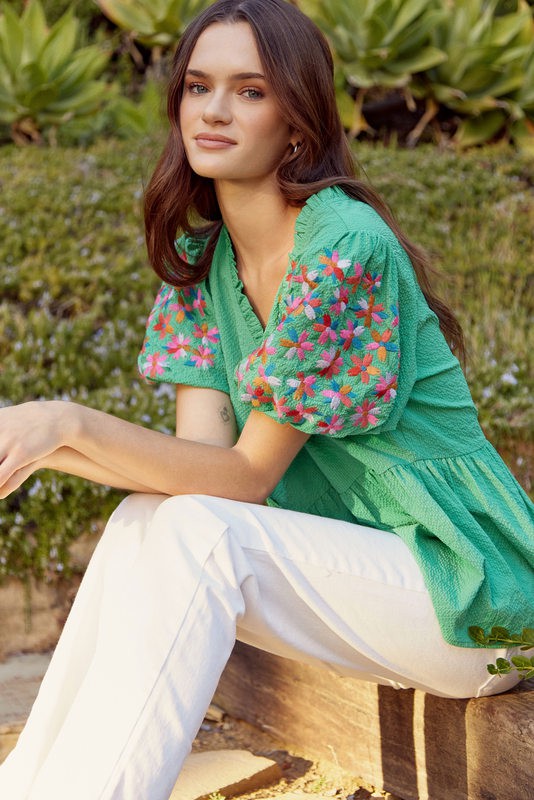 Solid Baby Doll Top with Embroidery