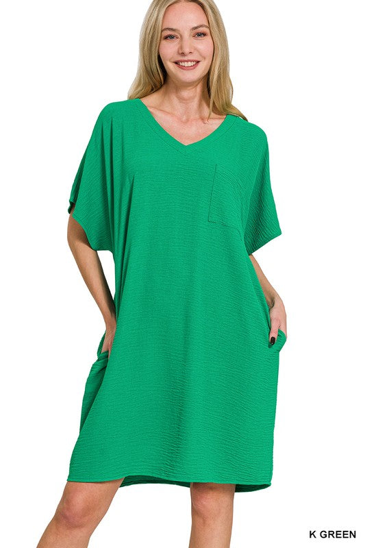 Woven V-Neck T-Shirt Dress With Pockets