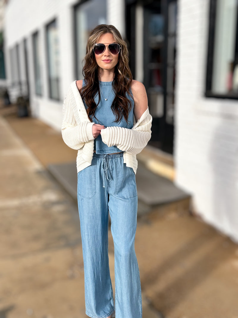 Chambray Elastic Wide Leg Pants