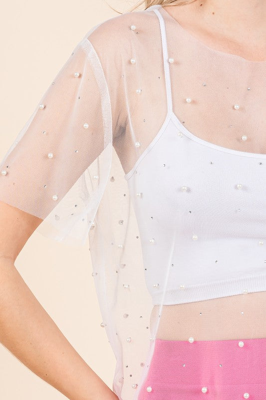 Rhinestone and Pearl Mesh Top