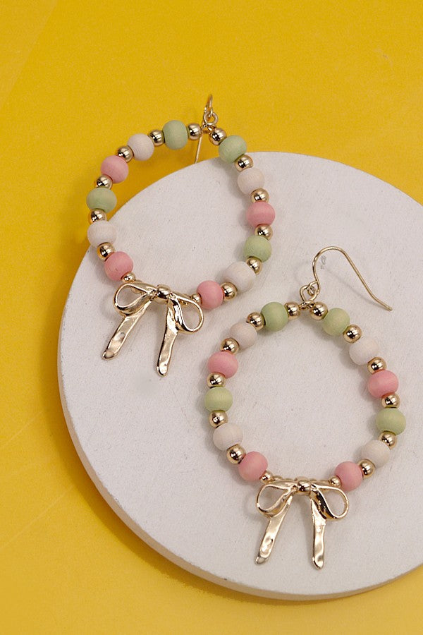 Pastel Wood Bow Ribbon Drop Earrings