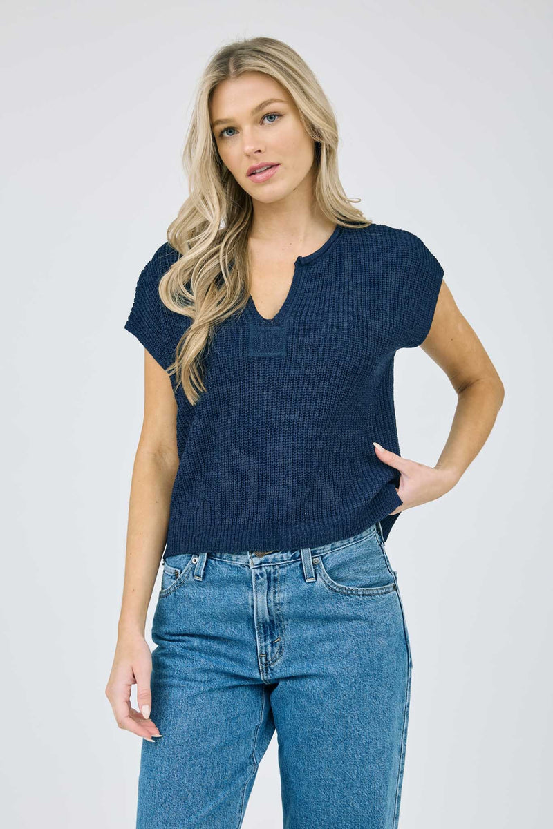 Split Neck Short Sleeve Knit Pullover
