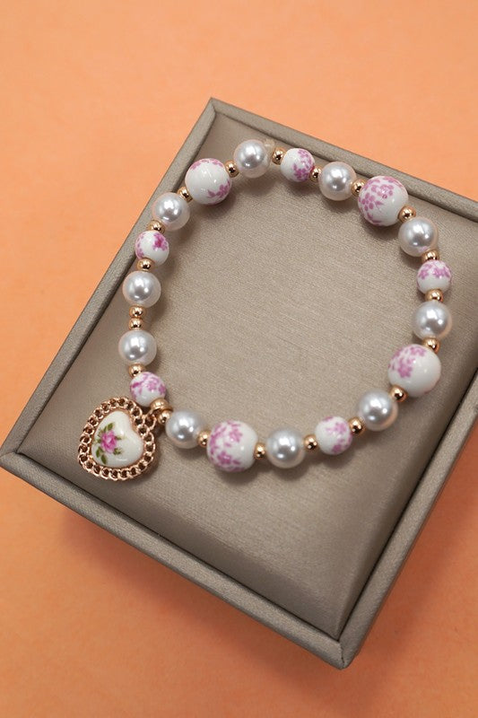 Pink Ceramic Porcelain Pearl Heart Bracelet