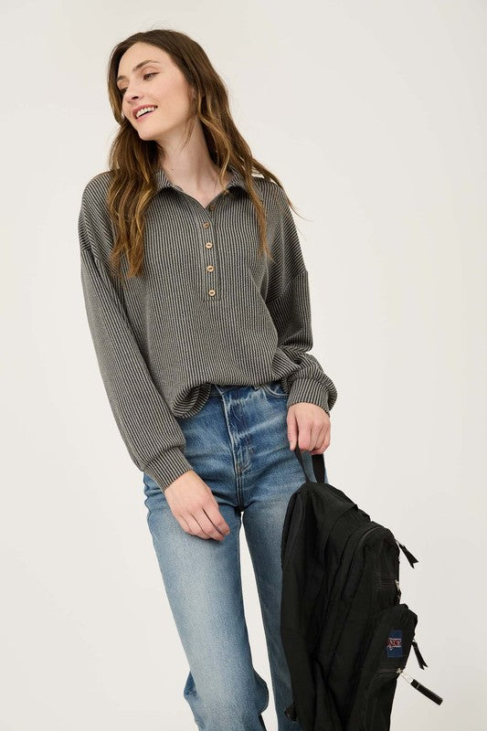 Pinstripe Collared Half Button Top