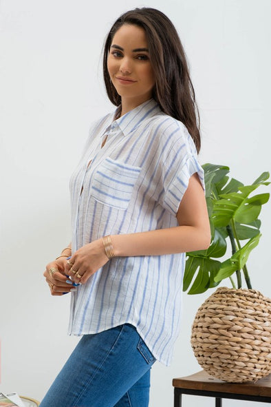 Striped Short Sleeve Button Up Top