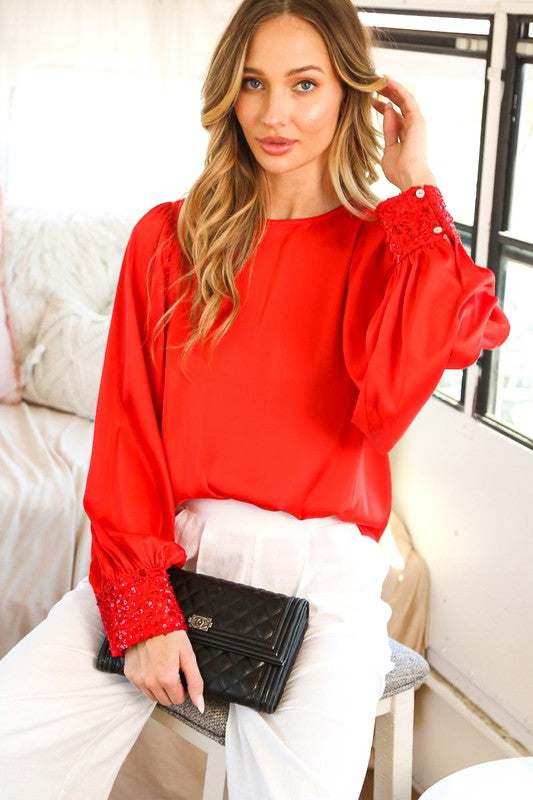 Sequins Cuff Long Sleeve Satin Blouse