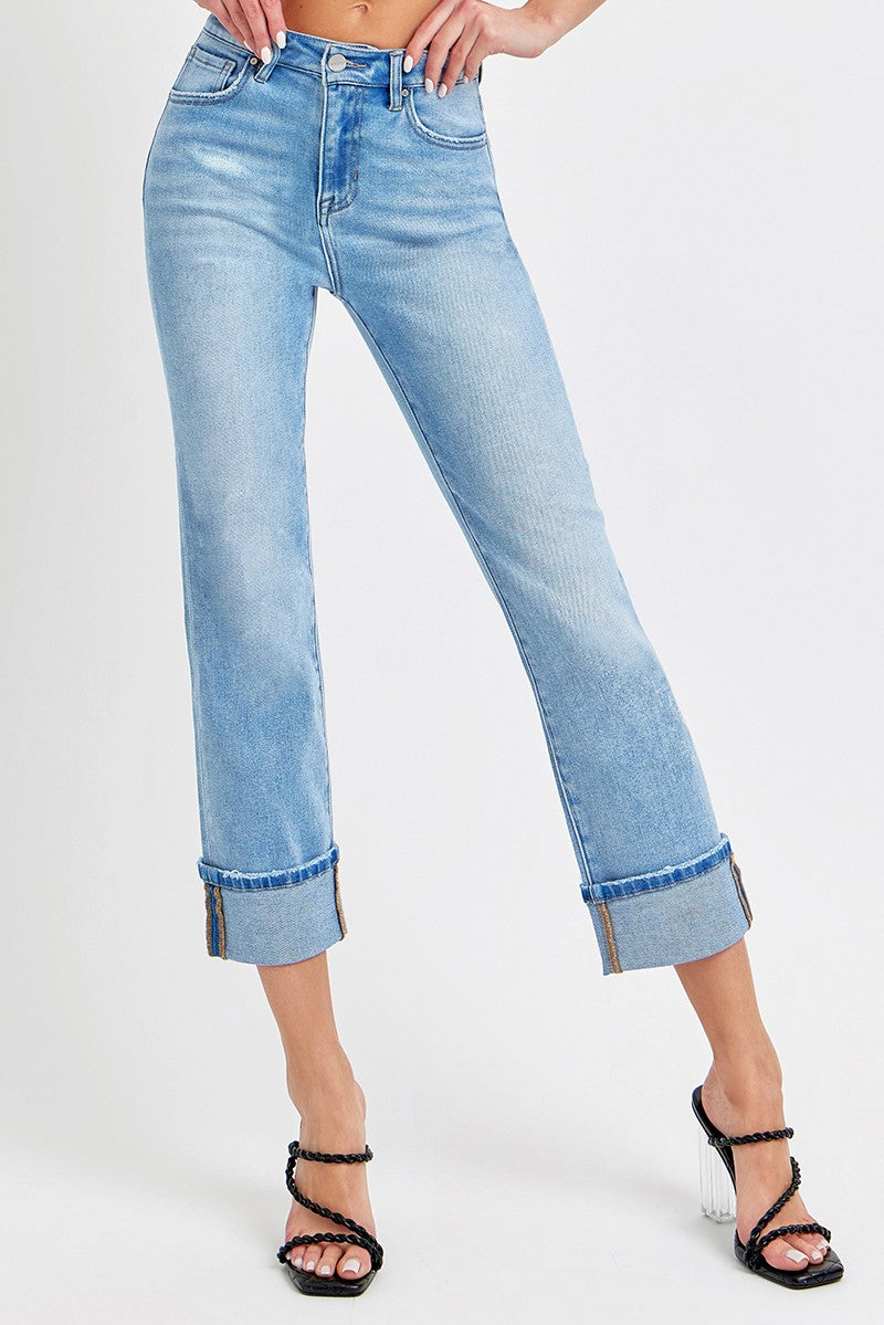 High Rise Ankle Straight Cuffed Jeans