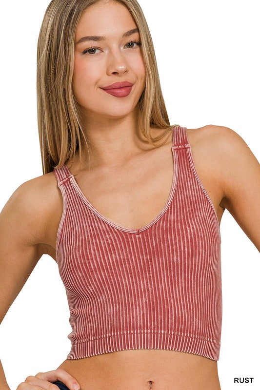 WASHED RIBBED CROPPED SEAMLESS V-NECK TANK TOP