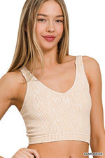 WASHED RIBBED CROPPED SEAMLESS V-NECK TANK TOP