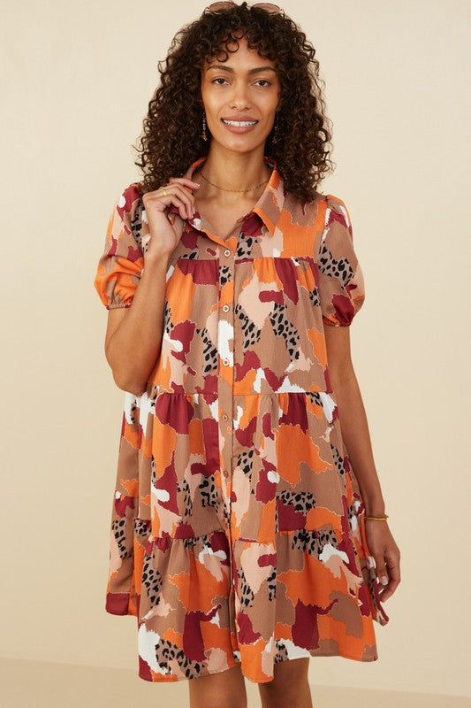 Abstract Leopard Print Button Up Dress
