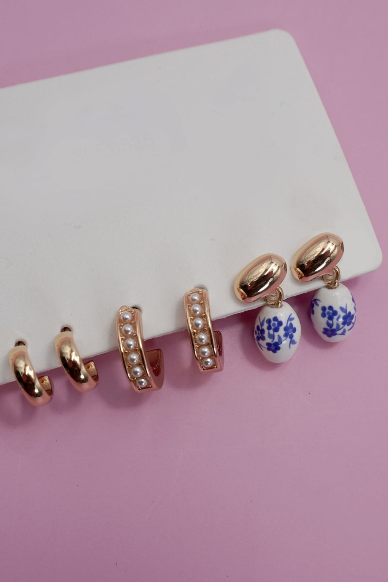 Blue Ceramic Trio Hoop Earrings