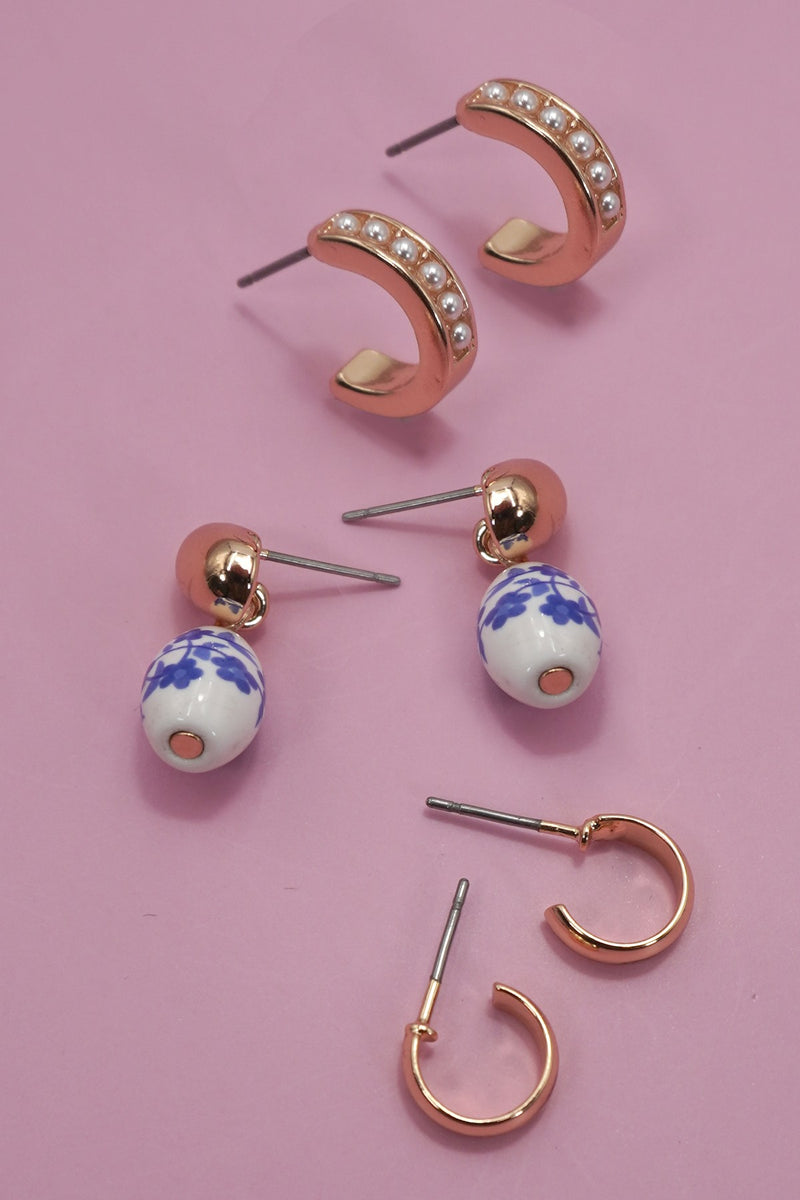 Blue Ceramic Trio Hoop Earrings