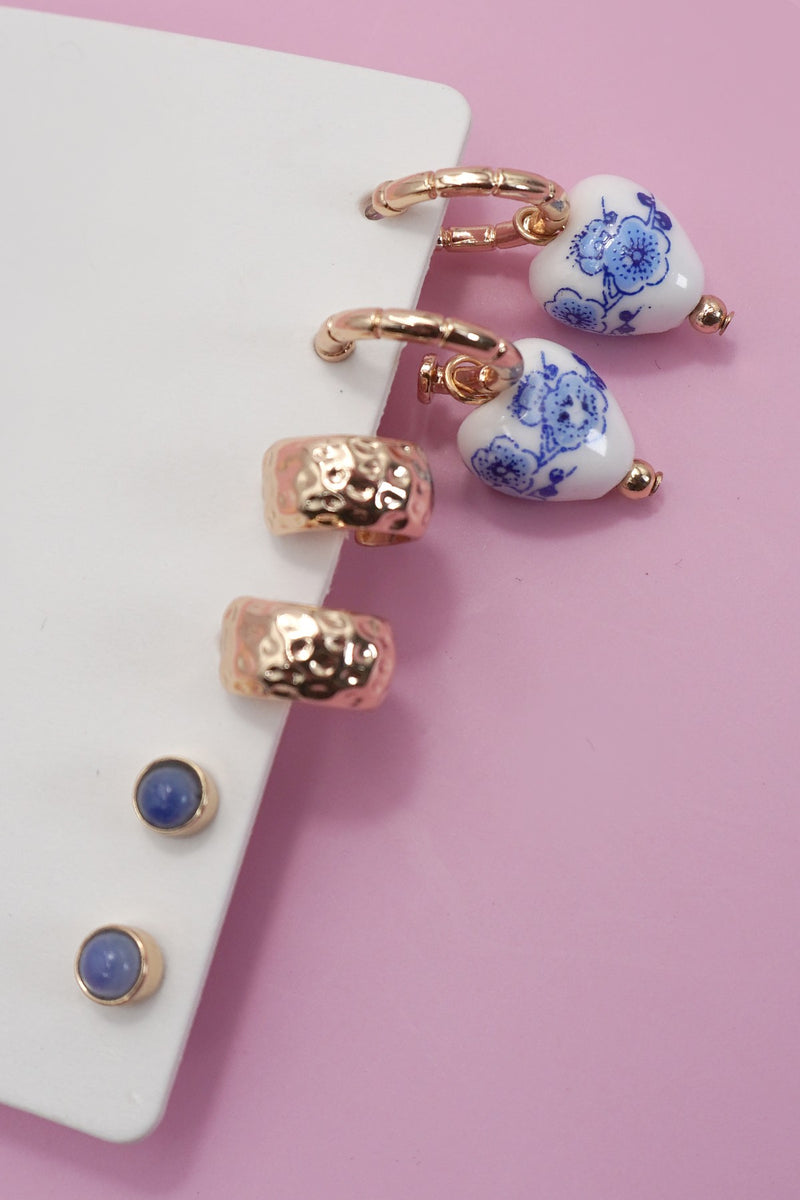 Blue Ceramic Trio Huggie Hoop Earrings