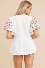 Solid Baby Doll Top with Embroidery