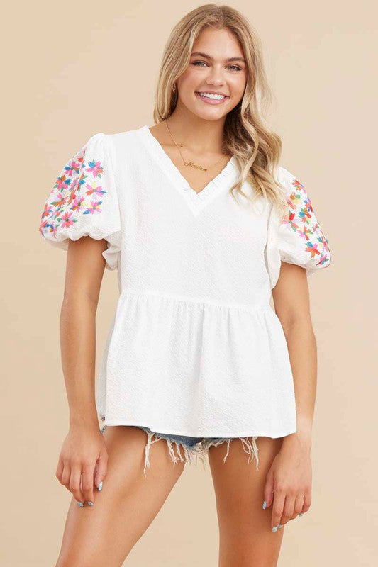 Solid Baby Doll Top with Embroidery