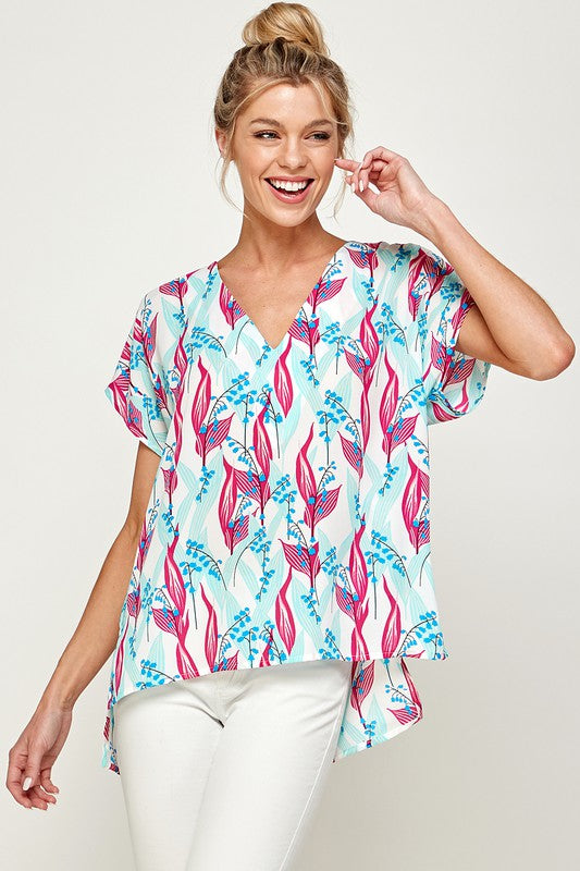 Coastal Breeze Floral V-Neck Blouse
