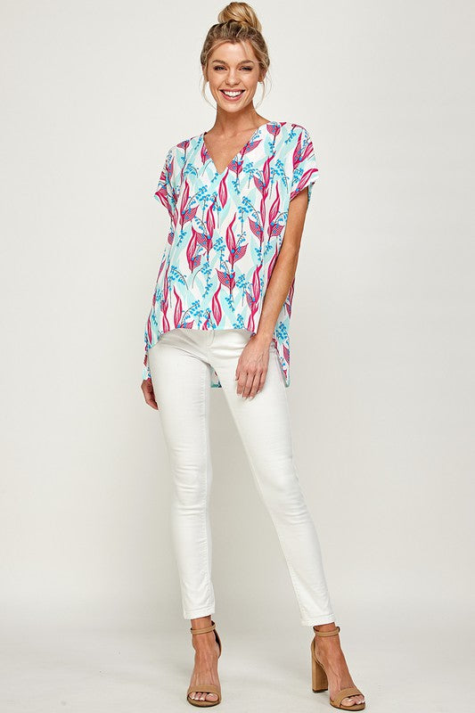 Coastal Breeze Floral V-Neck Blouse