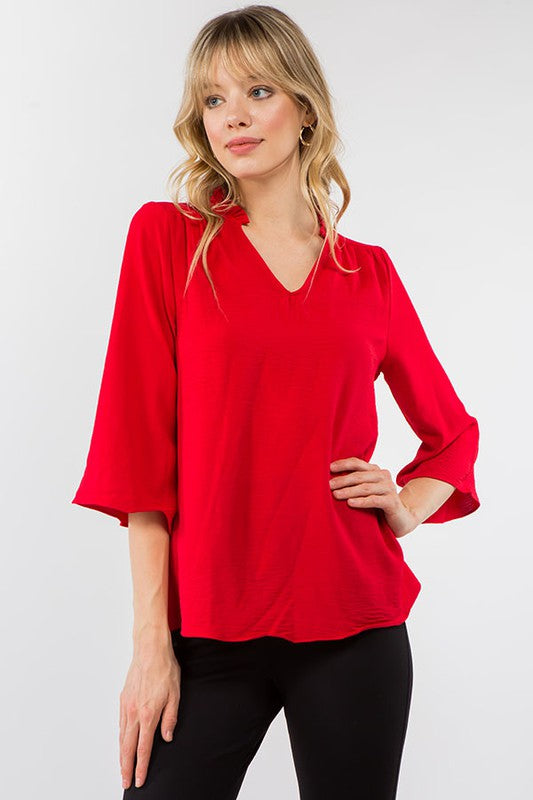 Solid Ruffle 3/4 Sleeve Blouse