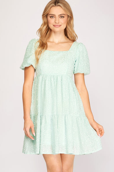 Easter Style Puff Sleeve Textured Dress