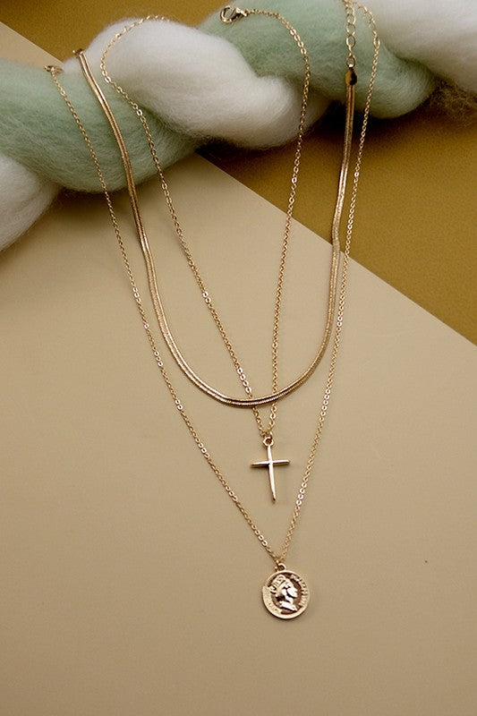 MULTI LAYER CROSS COIN PENDANT NECKLACE