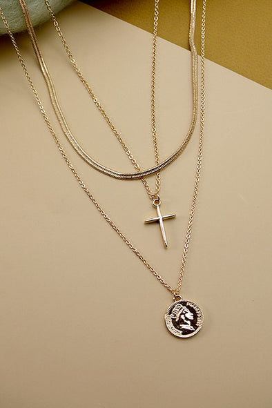 MULTI LAYER CROSS COIN PENDANT NECKLACE