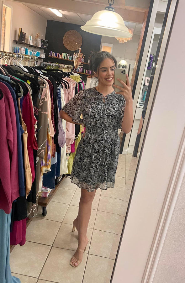 HALF BELL SLEEVE WOVEN PRINTED DRESS WITH SMOCKED WAISTBAND