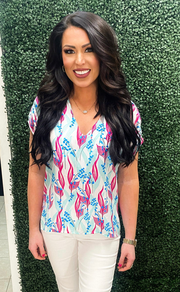 Coastal Breeze Floral V-Neck Blouse