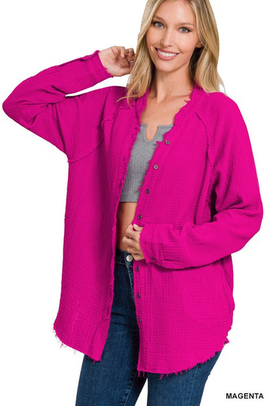 Magenta Gauze Raw Edge Shirt