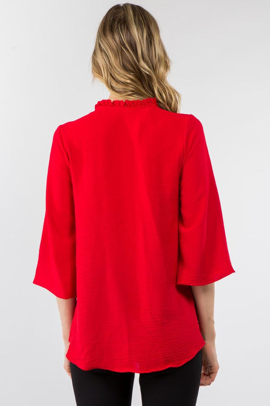 Solid Ruffle 3/4 Sleeve Blouse